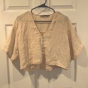 Zara Linen Cropped Button Down Shirt size S